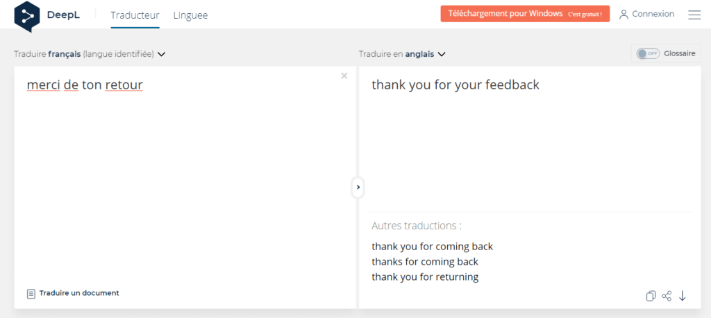 traduction français-anglais sur DeepL