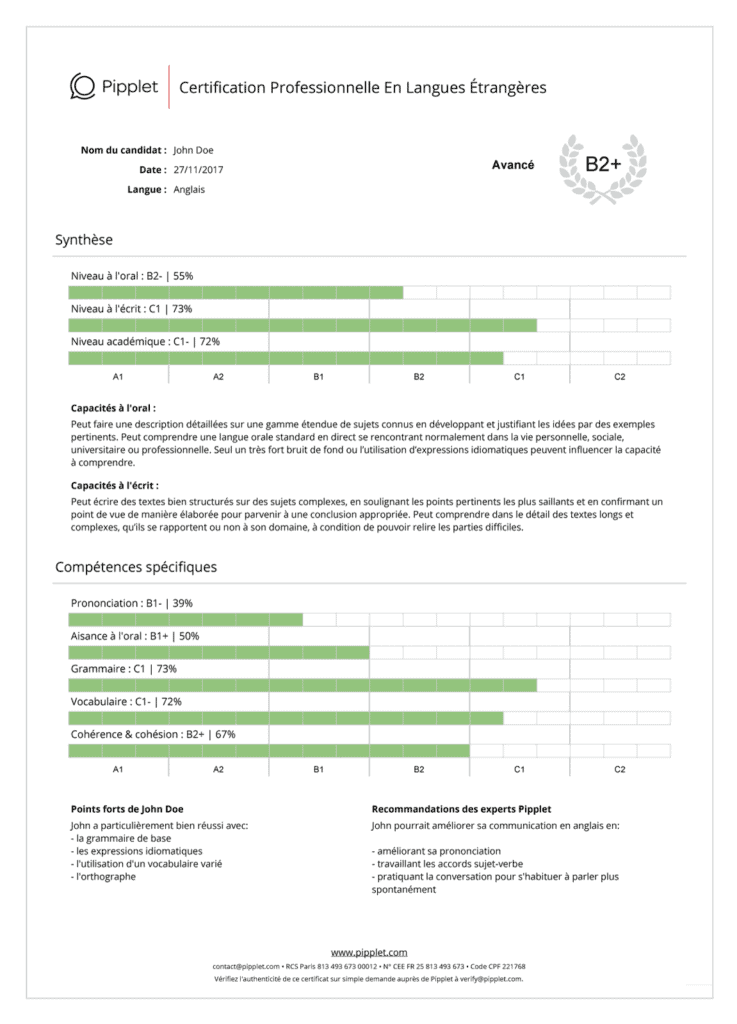 Exemple de certificat de langue Pipplet