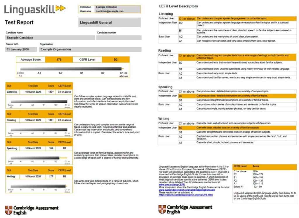 Exemple de rapport de résultats à un test Linguaskill