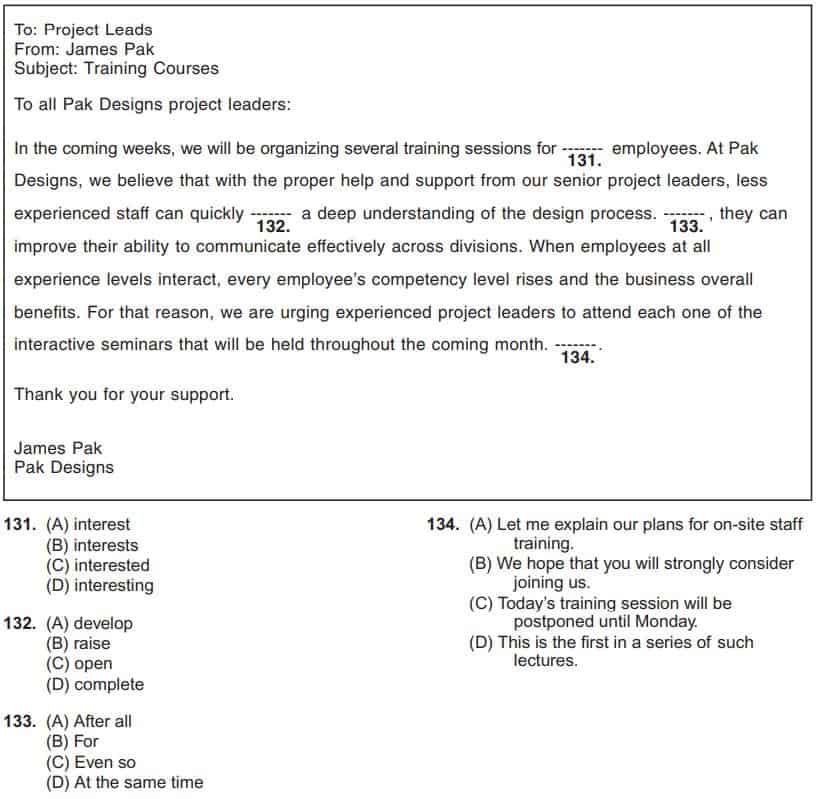 Exemple d'épreuve de compréhension écrite du test TOEIC Listening and Reading