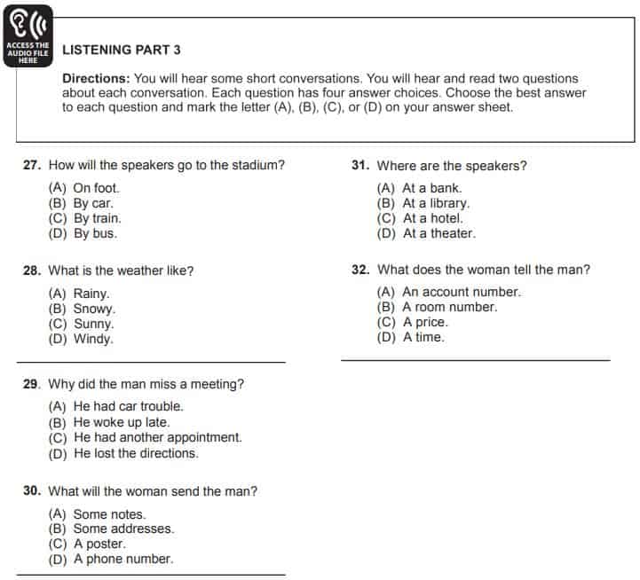 Ejemplo de prueba de comprensión oral para el examen TOEIC Bridge