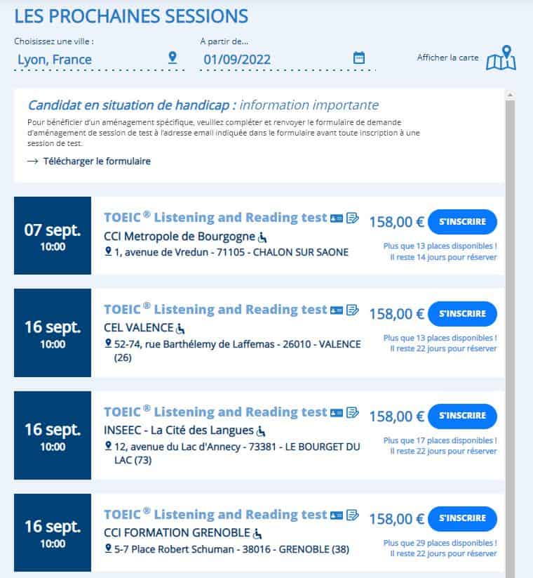 encontrar una próxima sesión toeic