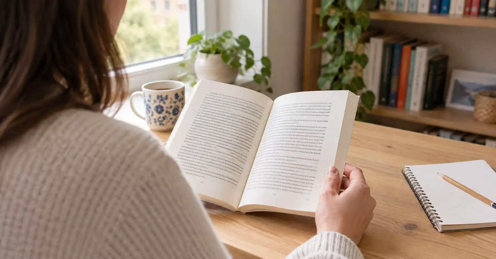 Une personne lit un livre à son bureau.