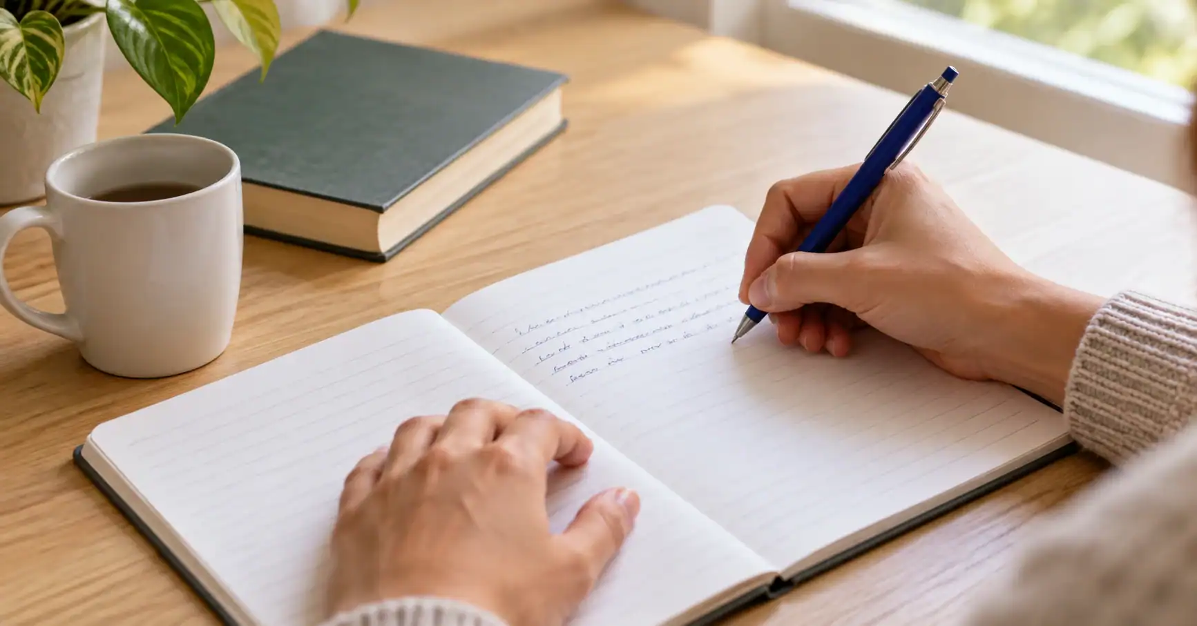 Une personne écrit dans un cahier.