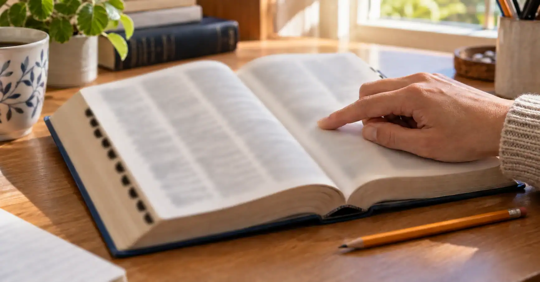 Une personne consulte un dictionnaire monolingue ouvert.