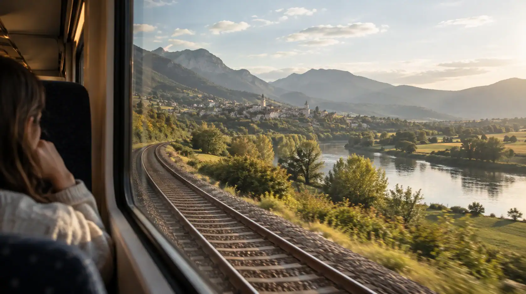 Vue sur la campagne depuis la fenêtre d’un train.