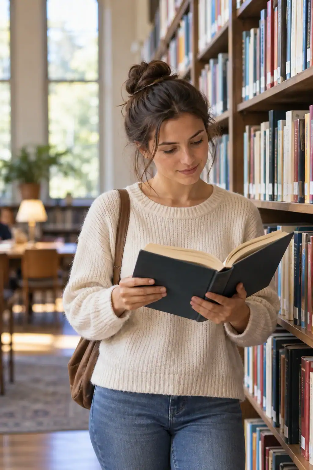 Une personne lit dans une bibliothèque.