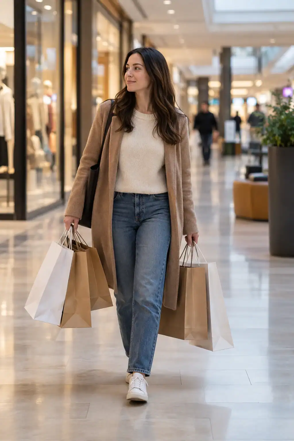 Une personne porte plusieurs sacs de courses dans un centre commercial.