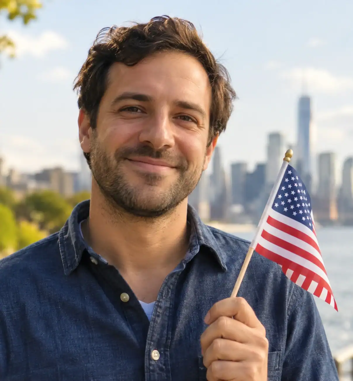 Un homme souriant tient un petit drapeau des États-Unis.