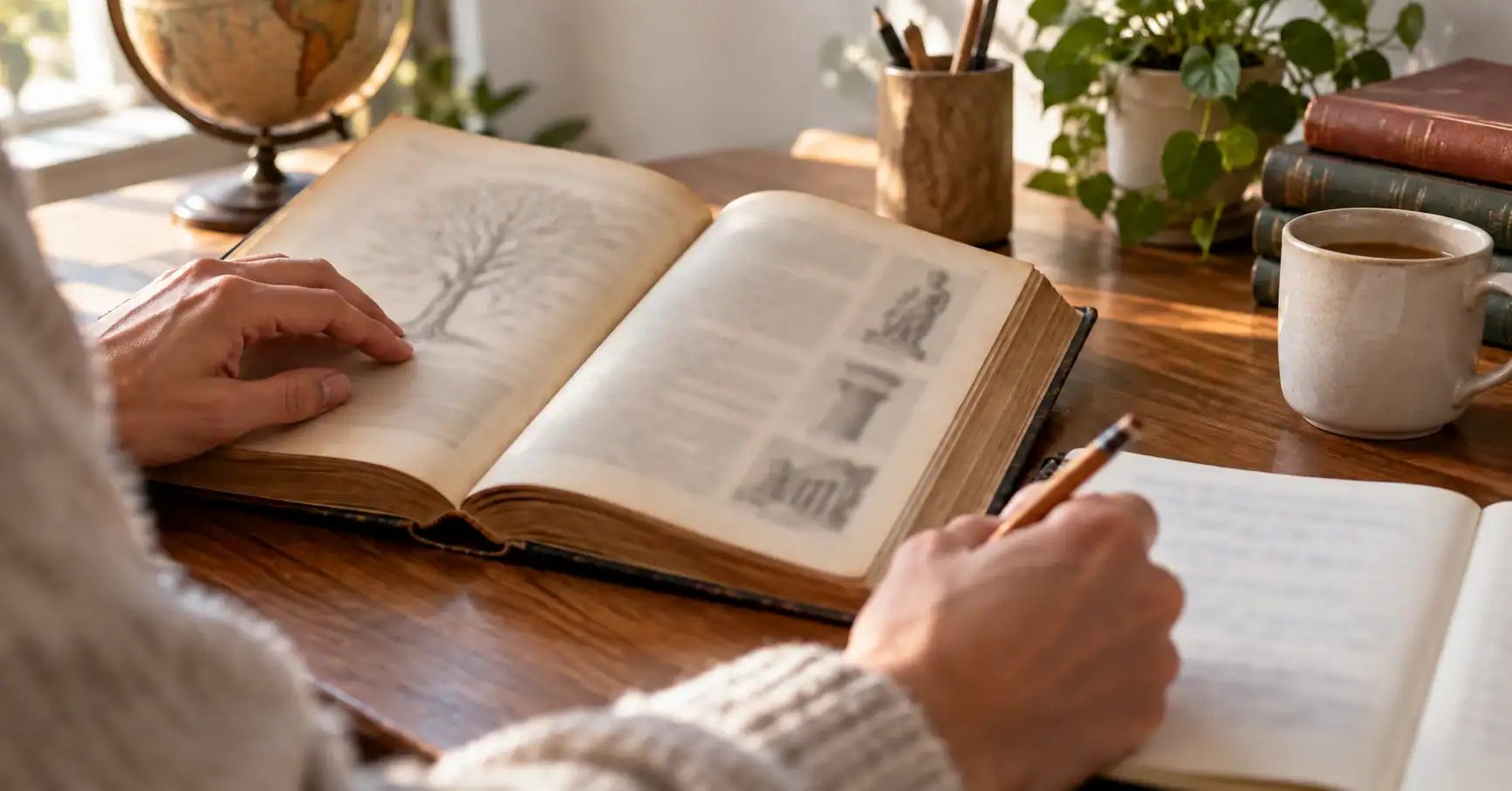 Une personne consulte un livre de référence sur l’origine des mots.