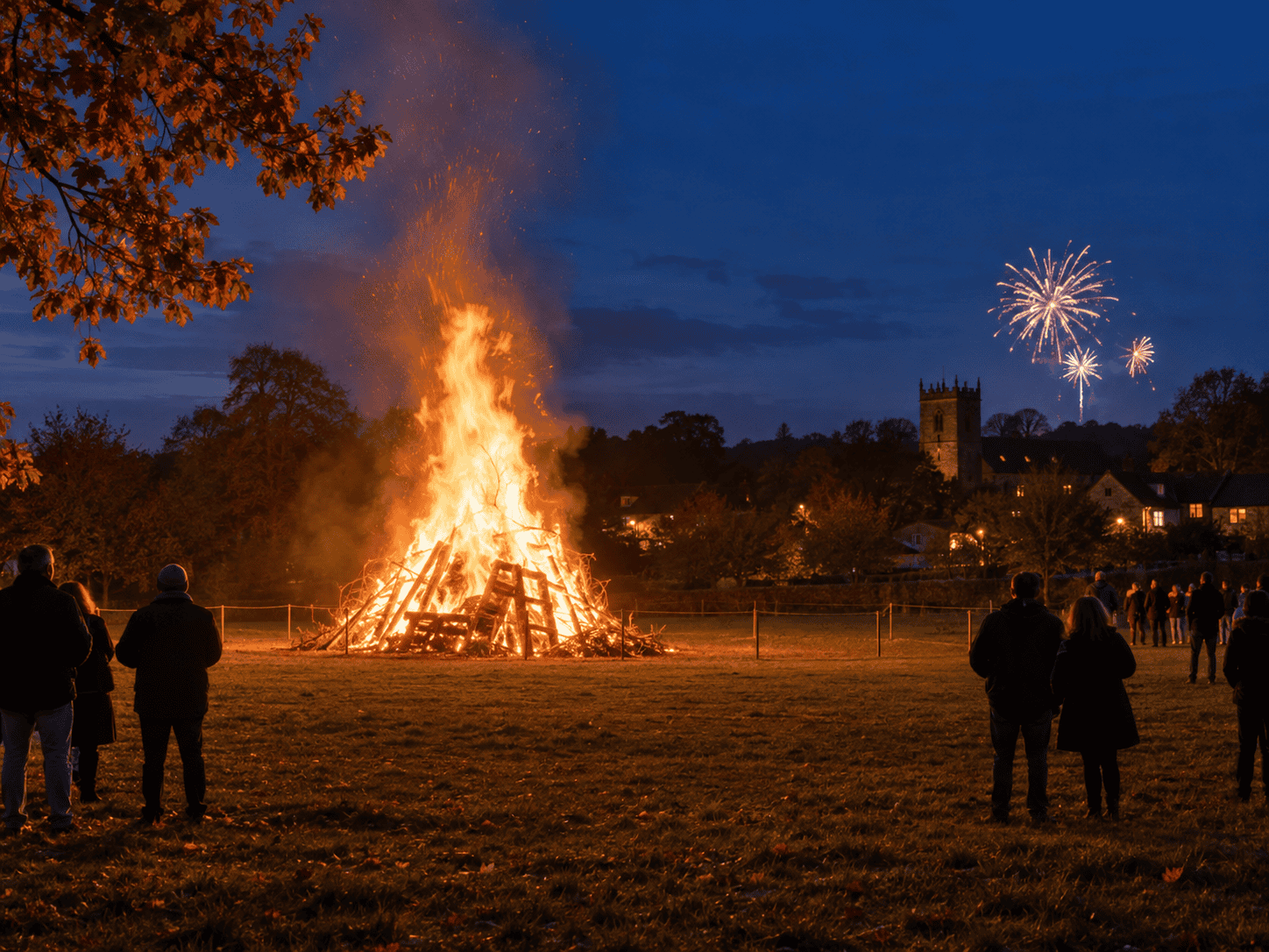 Feu de joie et feu d’artifice dans un village anglais lors de Bonfire Night.